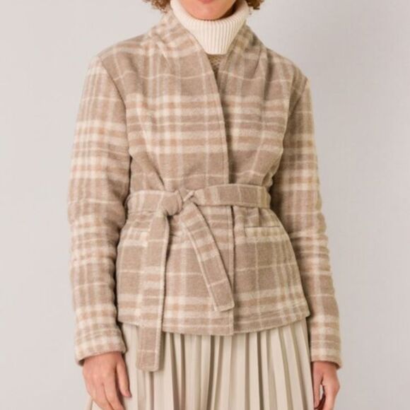 NWT Yest Netherlands Evolet Jacket Short Blanket Coat Sandy White Plaid Tie 12 - Picture 1 of 16